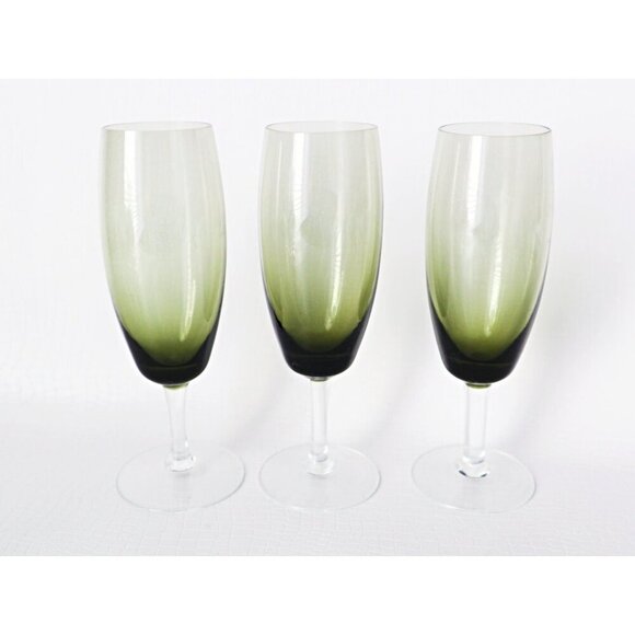 6 Vintage MCM Wine Glasses Olive Green Clear Stem Mid Century Modern Barware - Picture 2 of 4
